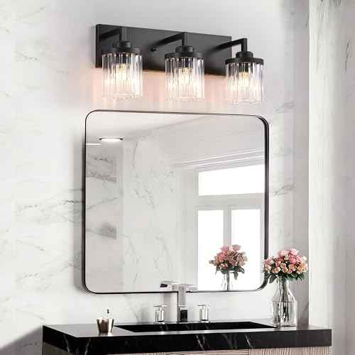 Modern Crystal Bathroom Light Fixtures, 3 Light Black Farmhouse Vanity Lights, with Crystal Glass Shade, Industrial Bathroom Lighting Fixtures Over Mirror Wall Light for Bedroom Living Room