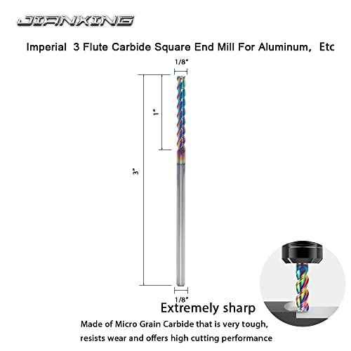 1/8" Extra Long Carbide Square End Mill for Aluminum, Copper Alloy, Plastic, 3" Overall Length End Mill Bits, 3 Flute HRC 55 Deg DLC Coating, CNC Router Bits (1 Pieces)