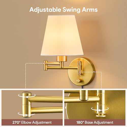 VONLUCE Wall Sconce Set of 2, Plug in & Hardwired Swing Arm Wall Lamps, Adjustable Wall Mounted Lighting Fixtures, Modern Wall Lights with Golden Base White Fabric Shade for Bedside, Hallway, Study