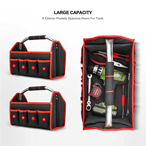 HAUTMEC 13 Inch Tool Bag, Foldable Open Top Tool Tote with Stiff Frame, 8 Pockets, Water-Resistant Molded Base & Padded Handle, Portable Electrician Tool Organizer for DIY & Jobsite Use ? TB0001
