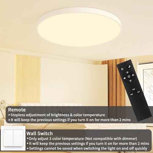 24 Inch Flush Mount Ceiling Light Fixture, Dimmable with Remote, 3000K-6500K Adjustable Color, 48W 4800Lm Ultra Thin Modern Round LED Ceiling Light, White for Bedroom, Kitchen, Living Room