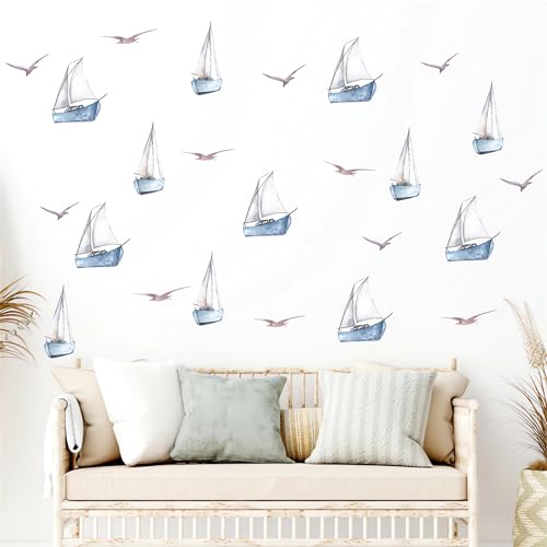 6 Sheets 48 Pcs Blue Sailboats Gulls Ins Style Wall Stickers, sacinora Travel Adventure Wanderlust Sailboat Nautical DIY Wall Decals Removable Vinyl Peel and Stick for Nursery Bedroom Playroom Decor