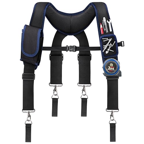 Tool Belt Suspenders for Men, Adjustable Padded Carpenter Tool Belt with Magnetic WristBand Multifunctional Pouch Pocket for Construction Workers (Black)
