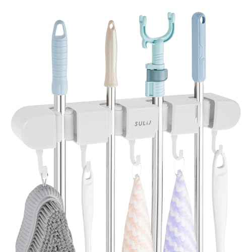 6PCS 4 Racks and 5 Hook Broom Mop Holder with Hooks Wall Mounted Broom Storage Rack No Drilling Self-Adhesive Mop Broom Organizer Mop Holder Hanger for Bathroom Office Kitchen Closet Garage,White