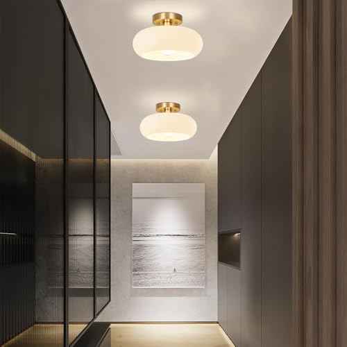 Gold Semi Flush Mount Ceiling Light,11inch Mid Century Modern Light Fixture,Hallway Lighting Fixture with Milk White Glass Shade,Vintage Ceiling Lamp for Kitchen,Porch,Entryway,Closet,Bedroom