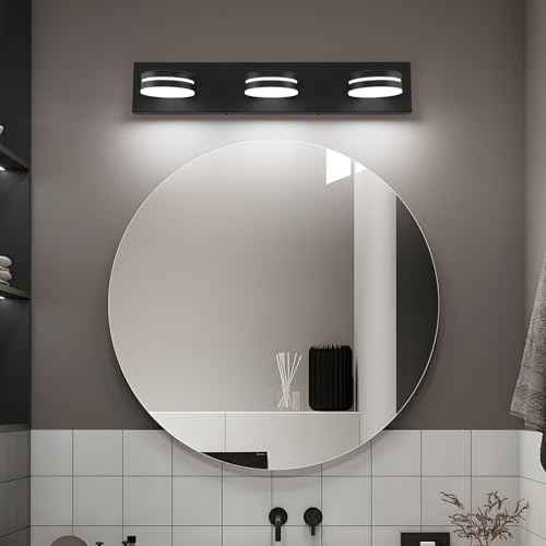 3-Light Bathroom Vanity Light Over Mirror, (24inch Dimmable) Matte Black LED Vanity Lighting Fixtures, Modern Bathroom Wall Light Fixtures with 360¡ÆRotating Lamp Head (Cool White 5500K)