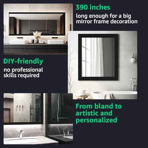 LONGKING 32ft x 4.2in Black Mirror Tape Border, Peel and Stick Mirror Border for Bathroom, Waterproof PVC Wallpaper, 393x4.2 in