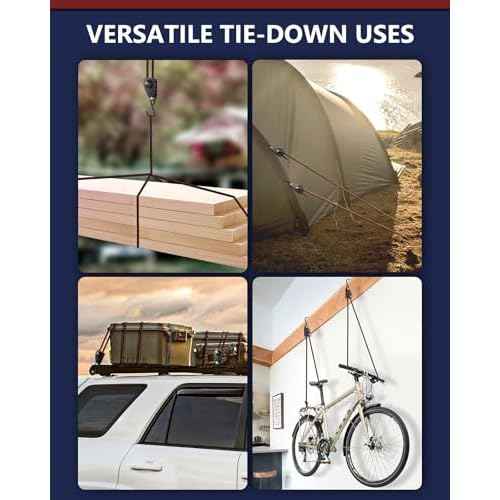 VIPARSPECTRA Ratchet Tie Down Straps, 1/4" Adjustable Rope Hangers [8 Pack, 12FT, 150 lbs/Pack], Heavy Duty Kayak Pulley System with Hooks for Garage Cargo Trucks Tents Grow Lights Various Lashing