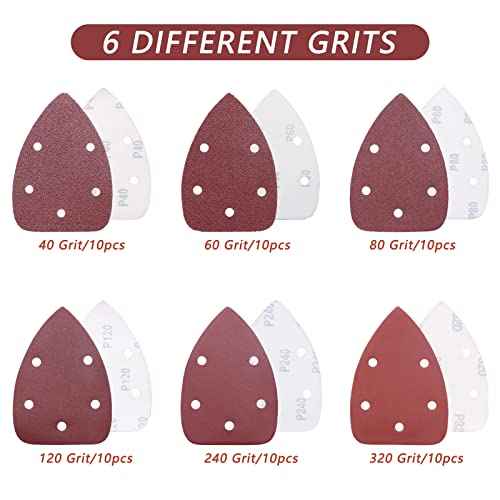 ZEHIQ Mouse Sander Sandpaper, Palm Mouse Sander Pads, Detail Sandpaper Assortment 40 60 80 120 240 320 Grits for Wood Furniture, Metal (60Pcs)