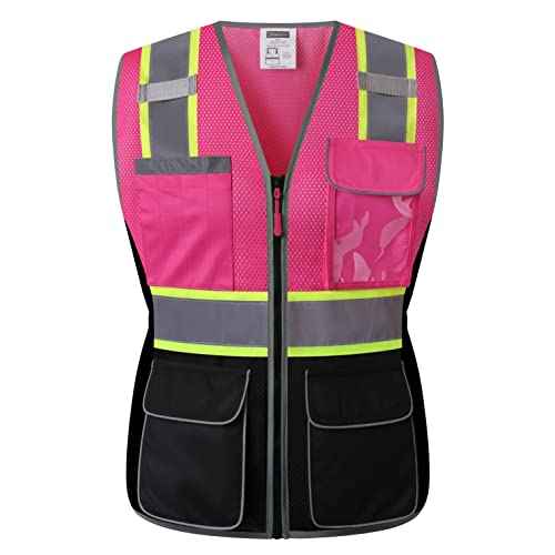 Women Safety Vest, Multi Pockets High Visibility Reflective Breathable Mesh Work Vest For Lady, Durable Zipper
