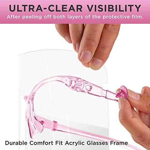 TCP Global Salon World Safety Face Shields with Pink Glasses Frames (Pack of 25) - Ultra Clear Protective Full Face Shields to Protect Eyes, Nose, Mouth - Anti-Fog PET Plastic, Goggles