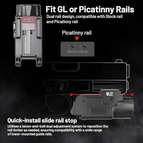 AIMWIN WL12 Weapon Light 650 Lumen 410 Meter Long Range 42000 Candela Compact Magnetic Rechargeable Rail Mounted Pistol Light Tactical Flashlight for GL Rail/1913 Picatinny Rail