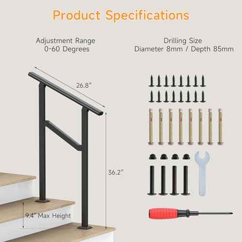 Hand Rails for Outdoor Steps, 2-5 Steps Wrought Iron Handrails for Outdoor Steps, Stair Railing for Porch, Home, Garden, Indoor, Staircase Handrails for Wooden, Cement, Brick, Marble (2 Steps)