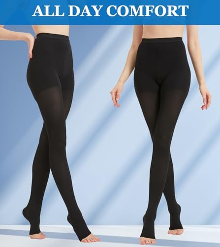 MGANG Medical Compression Pantyhose for Women & Men, 15-20mmHg Graduated Compression Support Tights, Open Toe, Opaque Waist High Compression Stockings for Edema, Varicose Veins, Flight, DVT, Black XXL