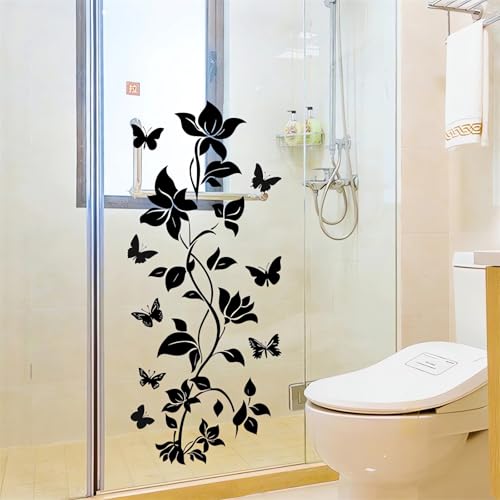 Black Vine Flower Butterfly Wall Stickers, sacinora Simplicity Floral Art Wall Decals Removable Vinyl Peel and Stick for Bathroom Living Room Bedroom Home Decorations