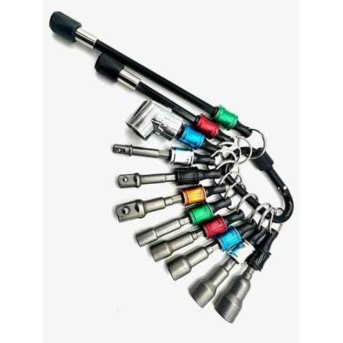 Ultra Bit Extension w/Quick-Release Holder - 4" extension, 6" extension, right-angle extension bit, 1/4", 3/8" and 1/2 socket bits, 1/4", 5/16", 3/8", 7/16", and 1/2" magnetic nut drivers.