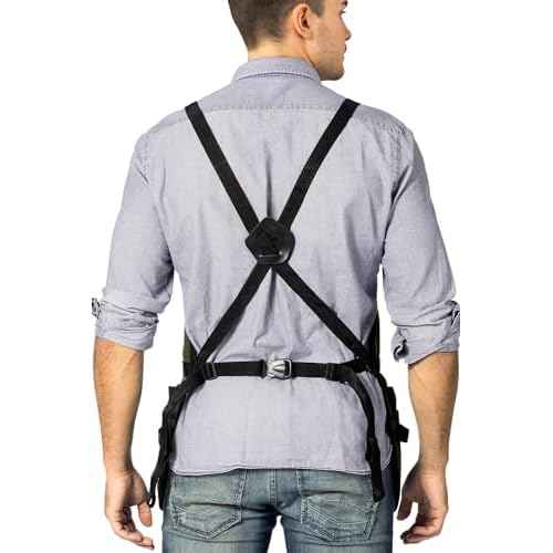 Under NY Sky Tool Apron - 20 Pockets and Slots, Cross-Back, Heavy-Duty Waxed Canvas - Woodwork, Garden, Shop (Green Cross-Back)