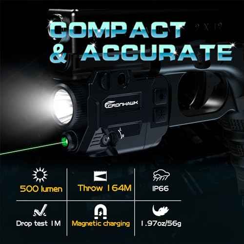 500 Lumens Tactical Weapon Flashlights Laser Sight - Rail-Mounted Light and Green Laser Light Combo for Pistol with Picatinny Rail and GL Rails - Magnetic Charging Port