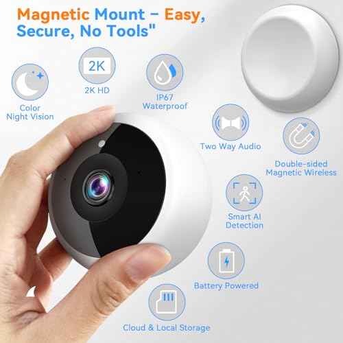 Magnetic Security Camera Wireless - 2K HD Video, AI Motion Detection, Battery Powered, Ease of Setup, 2-Way Audio,IR Color Night Vision, Waterproof, Outdoor & Indoor Surveillance