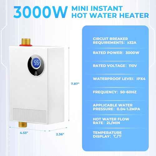 Tankless Water Heater Electric 110V, 3000W Under Sink Instant On Demand Hot Water Heater, Portable Mini Water Heaters with Digital Display for Kitchen Bathroom RV