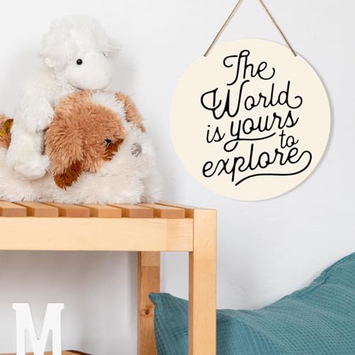 Muktoujaumai Nursery Wall Decor, Adventure Nursery Hanging Sign Decor Kids Room Wall Decoration Wood Sign for Playroom, Toddler Room, Toy Room, Classroom, The World Is Yours to Explore