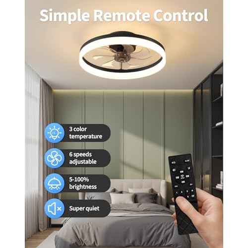 PUSU 15.8" Low Profile LED Ceiling Fans with Light, Reversible Flush Mount with Remote and 6 Winds Speeds Fan Lighting, 3 Colors Dimmable for Bedroom, Garage, Kids, Dinning Room, Kitchen (Black)