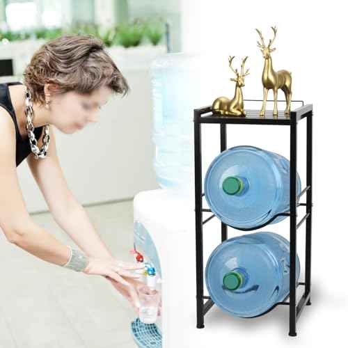 5 Gallon Water Jug Holder with Top Storage Shelve, 3 Tier Detachable Water Bottle Holder Water Cooler Jug Storage Rack, Heavy Duty Water Jug Stand Organizer for Kitchen Home Office, Black