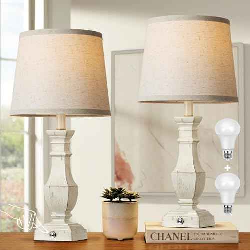ROTTOGOON Dimmable Table Lamps Set of 2, Rustic Farmhouse Table Lamps for Living Room Bedroom, Bedside Desk Lamps for End Tables, Touch Lamps for Nightstand, 9W Bulbs Included, 22", Antique White