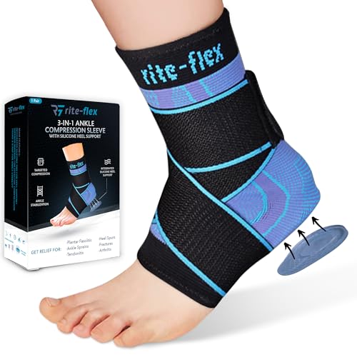 3-in-1 Ankle Compression Sleeve with Silicone Heel Pad - Ankle Brace for Sprains, Foot Fatigue, Post Surgery, Plantar Fasciitis Relief & Support (1, Medium)