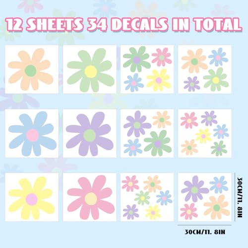 12 Sheets Daisy Wall Decals, Pastel Style Flowers Wall Stickers, Vinyl Peel and Stick Cute Boho Floral Decals, Large Daisy Floral Wall Decor for Girls Teens Nursery Bedroom Living Room