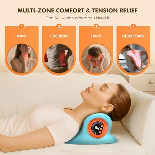 Portable Neck Traction Device, Cervical Stretcher with Heating & Vibration – Relieve Muscle Tension, 3-in-1neck pillow Customizable Massage Modes with Wireless Remote Control Ergonomic Design