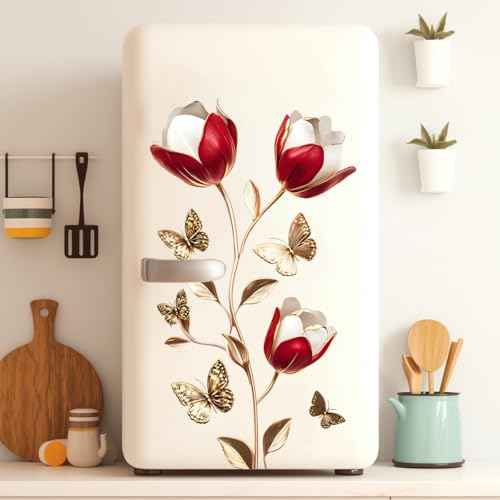 3D Wall Stickers DIY Wall Decal Removable Waterproof Wall Art Decor for Bedroom Living Room Offices Home Decoration Cabinet Door Sticker Red Flower Butterflies