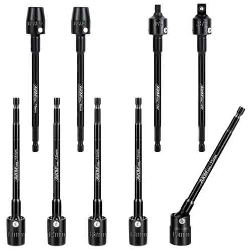 9-Piece Long Universal Nut driver set, 6 inch 360¡ÆRotatable Hex Shank Impact Driver Socket Adapter Impact Socket Adapter 150mm 3/8 1/4 Cr-V Metric