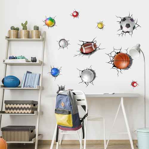 Supzone 3D Broken Sport Wall Decals Basketball Football Baseball Soccer Wall Sticker Removable Sports Break Through The Wall Artwork Decor for Kids Boys Bedroom Living Room Baby Nursery Playroom
