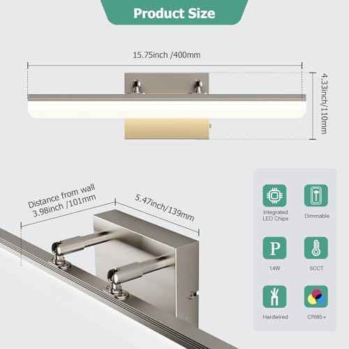 Brushed Nickel Vanity Light, 15.7¡± Dimmable LED Bathroom Light Bar with 5CCT, Adjustable Angle ? Modern Wall Lighting for Bathroom, Powder Room, Bedroom, Apartment, Hotel