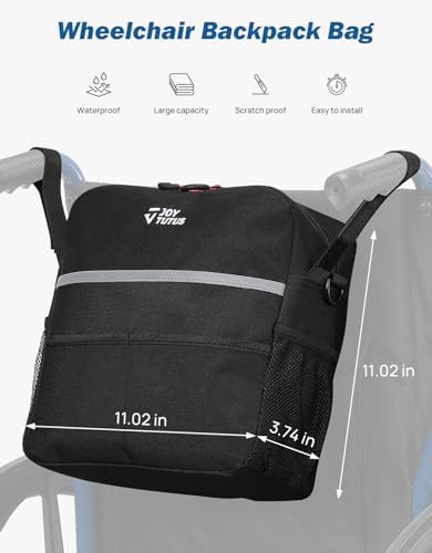 JOYTUTUS Wheelchair Backpack, Wheelchair Bag with Cup Holder, Wheelchair Accessories Bag with Reflective Stripe and Shoulder Strap for Rollator Wheelchair (11 * 11 * 3.74 in)