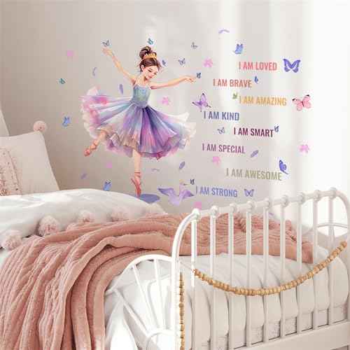 Lovely Dancing Ballet Girl Inspirational Quotes Wall Stickers, sacinora Butterfly Motivational Wall Decals Removable Vinyl Peel and Stick for Teens Girls Kids Nursery Bedroom Children¡¯s Room Art Decor