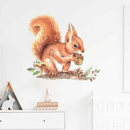 Cute Baby Squirrel Pinecone Wall Stickers, sacinora Cartoon Little Animal Wall Decals Removable Vinyl Peel and Stick for Kids Baby Nursery Living Room Bedroom Playroom Kindergarten Art Decorations