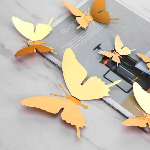 24PCS Metal Gold Butterfly Wall Decor with Hot Melt, 5.9" 3.94" 2.36" 3D Gold Butterfly Wall Decor Adhesive Flying Butterflies for Bedroom Ceiling Living Room Fences Patio Wedding Birthday Party