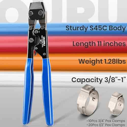 Pex Crimping Tool Crimper with Stainless Steel Pex Clamps(20pcs 1/2",10pcs 3/4") Ratchet Pex Clamp Crimp Cinch Tool from 3/8" to 1"