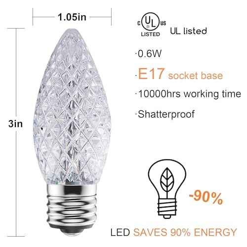 C9 Led Replacement Christmas Light Bulbs, 50-Pack C9 Shatterproof Led Bulbs with E17 Candelabra Base for Christmas String Lights, Waterproof & Dimmable Christmas Village Bulbs - Cool White