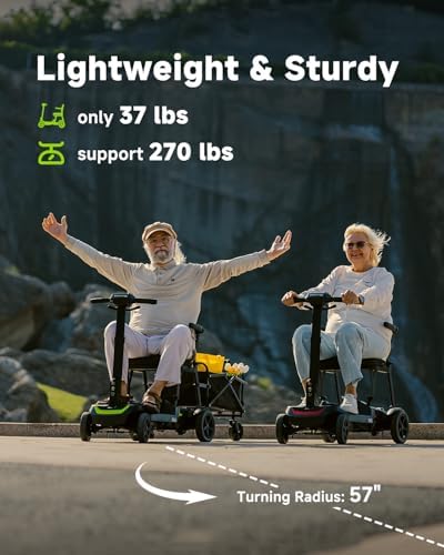 4 Wheel Mobility Scooter for Adults & Seniors Electric Powered Lightweight Foldable 5 MPH Speed 15 Miles Range Two Removable Batteries Airline Approved (Black Yellow, Standard)