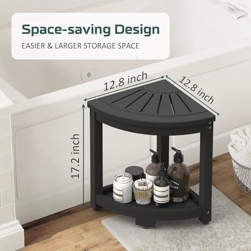Corner Shower Stool for Inside Shower, HIPS Waterproof Shower Bench Seat Chair, Plastic Bath Shower Stool for Shaving Legs Foot Rest with Storage Shelf, Adjustable & Non-Slip Feet, Black