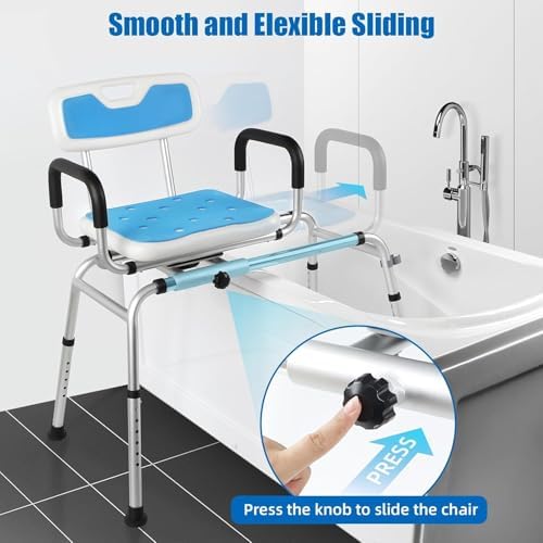 Sliding Shower Chair Tub Transfer Bench with Swivel Seat-Adjustable Height, Padded Armrests & Non-Slip Feet - Shower Chair for Inside Tub, Ideal for Seniors & Disabled