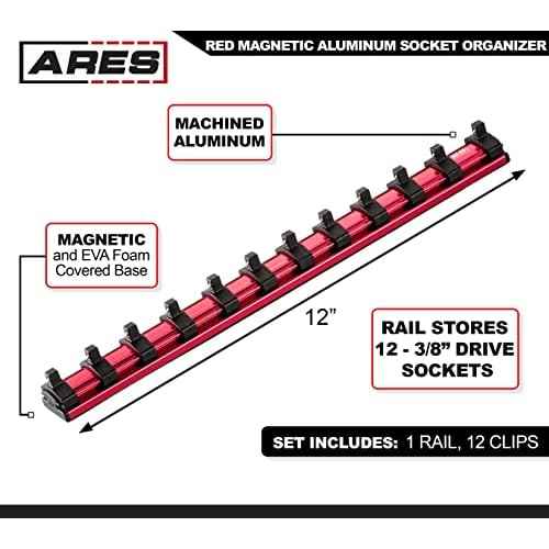 ARES 71181-3/8-Inch Drive Magnetic Socket Organizer - Aluminum Rail Stores up to 12 Sockets and Keeps Your Tool Box Organized
