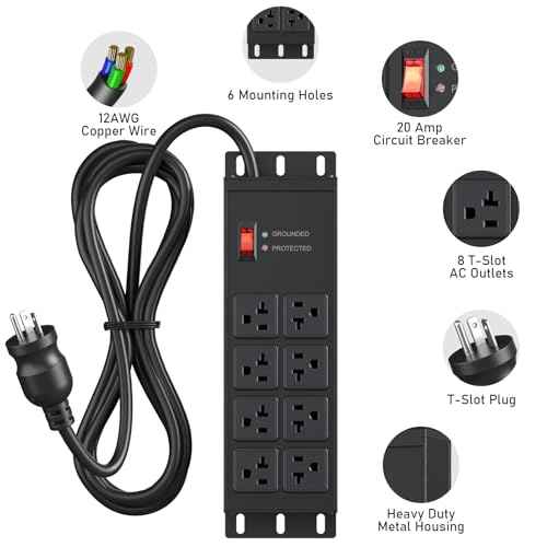 JUNNUJ Heavy Duty 20 Amp Surge Protector 4800J, Garage Metal 8 Outlets 12 Gauge, High Amp 5-15P Adapter Shop 6-20R T-Slot Industrial Outlet, 25 FT Extension Cord Commercial for Appliance