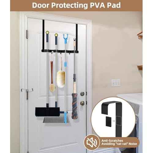 Broom Holder Over The Door 2Pack - 304 Stainless Steel Mop and Broom Hanger Wall Mounted or Hanging Over The Door with Hooks - Tool Organizer for Garage Closet Laundry Kitchen Decor