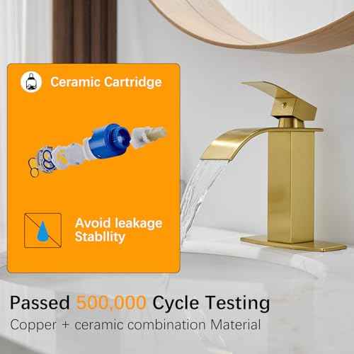 BESy Brushed Gold Waterfall Bathroom Faucets, Single Hole Single Handle Bathroom Sink Faucet, 1 Hole Rv Vanity Faucet 3 Hole Deck Plate