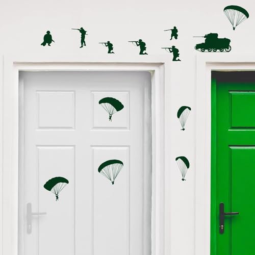 PLIGREAT 20 Pcs Parachutes Tanks Soldiers Wall Stickers, Peel and Stick Wall Decals, DIY Art Decor Removable Vinyl Military Green Walls Stickers for Living Room Bedroom Paly Room Home Decorations