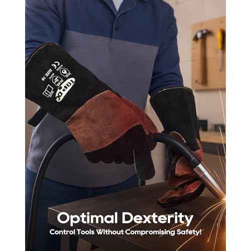 TOPDC Welding Gloves 16Inch 1000¢µHeat/Fire Resistant Reinforced Leather Fireproof Gloves with Kevlar Stitching for Mig, Tig, Stick, Forge, BBQ, Grill, Oven, Fireplace, Furnace, Animal Handling, SMALL